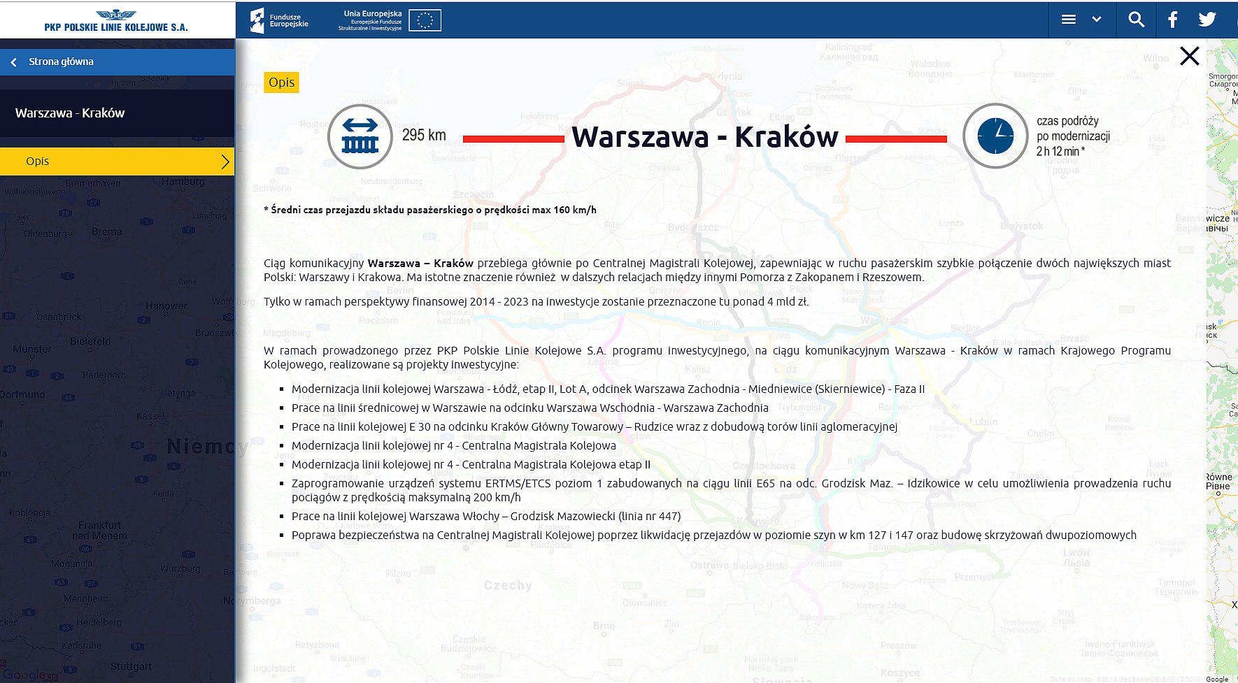При нажатии на указанную строку открывается окно с информацией об инвестициях, например, Варшава - Краков (красная линия):